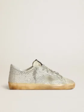 Super-Star für Damen aus gealtertem weißem Nubukleder mit Swarovski-Kristallen
