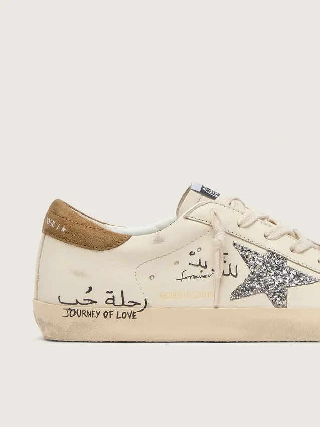 Super-Star für Damen aus Nappaleder mit silbernem Glitzerstern und durchgehendem Schriftzug