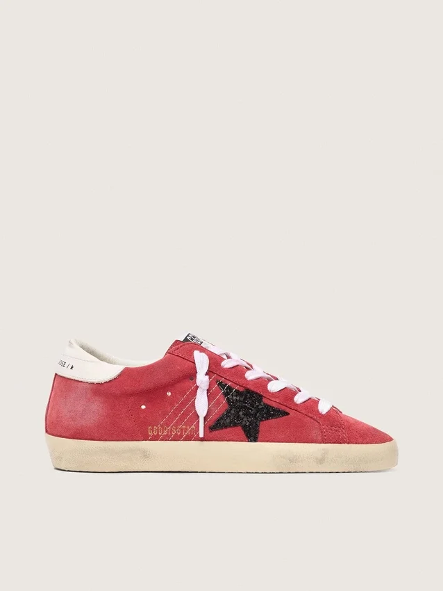 Super-Star für Damen aus rotem Wildleder mit Glitzerstern und weißer Fersenlasche