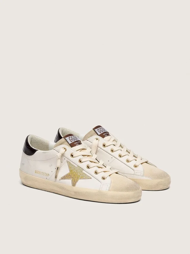 Super-Star für Damen aus weißem Leder mit goldenem Swarovski-Stern