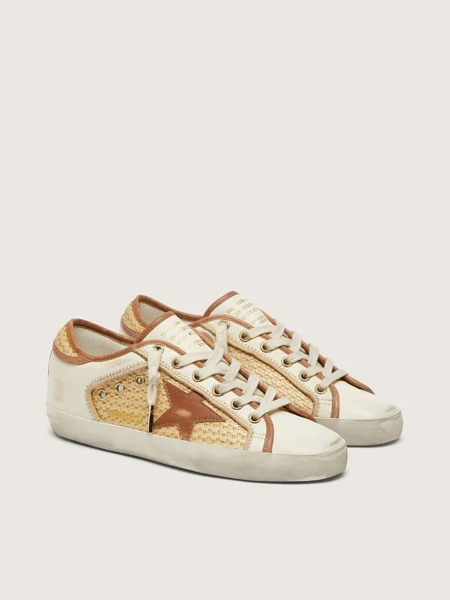 Super-Star für Damen aus weißem Leder und Raffia mit ziegelrotem Stern und Einsätzen