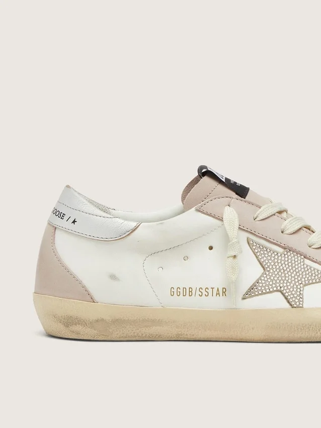 Super-Star für Damen aus weißem und puderrosa Leder mit silbernem Swarovski-Kristallstern