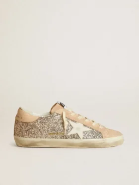 Super-Star für Damen in silbernem Glitzer mit Lederstern und Fersenlasche