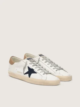 Super-Star für Herren aus weißem Leder mit mitternachtsblauem Canvas-Stern und Fersenlasche aus tabakfarbenem Leder