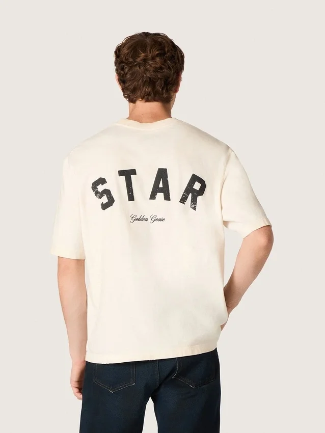 Unisex-Baumwoll-Hemd „Star“ in Vintage-Weiß mit schwarzem Aufdruck auf der Rückseite