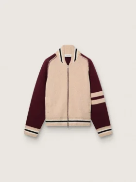 Unisex-Bomberjacke aus weißem und burgunderrotem Jacquard-Strick