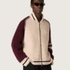 Unisex-Bomberjacke aus weißem und burgunderrotem Jacquard-Strick