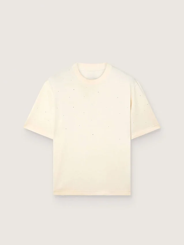 Unisex-Hemd „Star“ aus weißer Baumwolle mit durchgehenden Kristallen im Farbverlauf und Aufdruck auf der Rückseite
