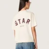 Unisex-Hemd „Star“ aus weißer Baumwolle mit durchgehenden Kristallen im Farbverlauf und Aufdruck auf der Rückseite
