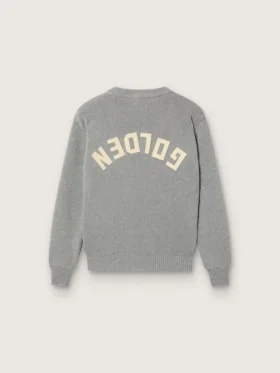 Unisex-Pullover „Golden“ für Kinder aus grau meliertem Rippstrick mit Logo auf der Rückseite