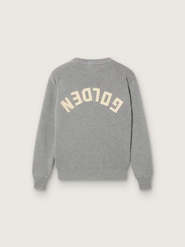 Unisex-Pullover „Golden“ für Kinder aus grau meliertem Rippstrick mit Logo auf der Rückseite
