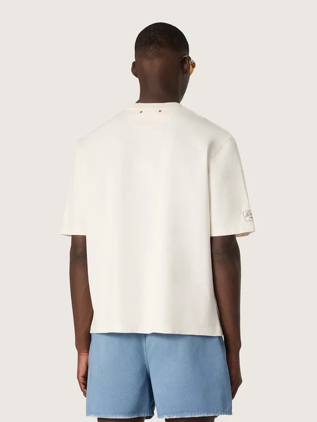 Unisex-Resort-Hemd aus weißer Baumwolle mit Aufdruck und Logo