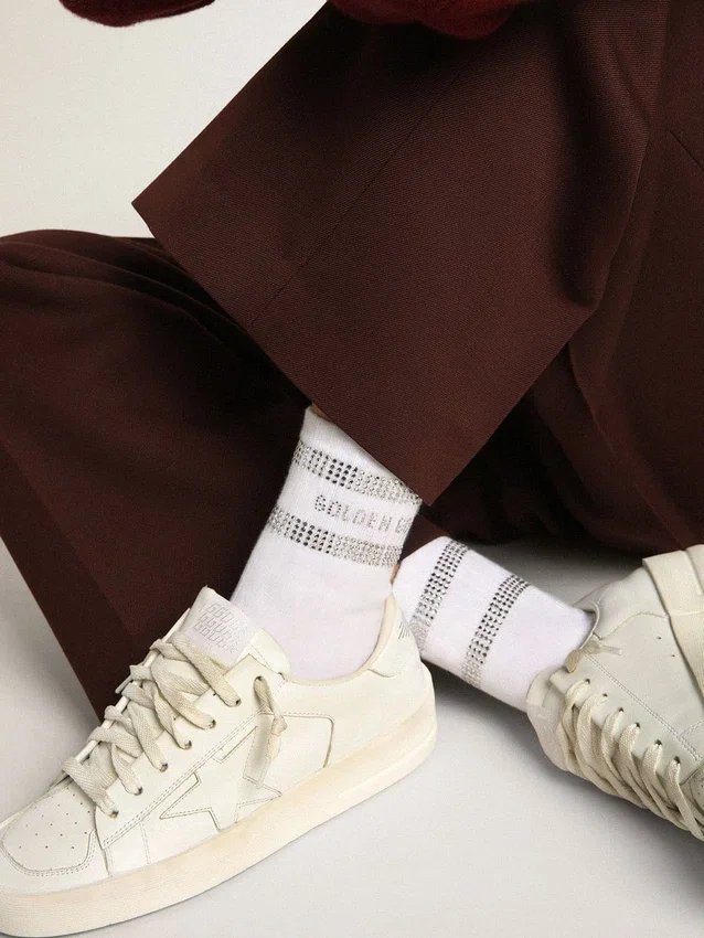 Unisex-Socken aus weißer Baumwolle mit dekorativen Kristallen