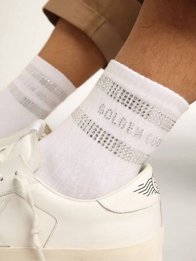 Unisex-Socken aus weißer Baumwolle mit dekorativen Kristallen