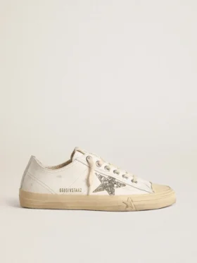 V-Star aus weißem Leder mit einem platinfarbenen Glitzerstern