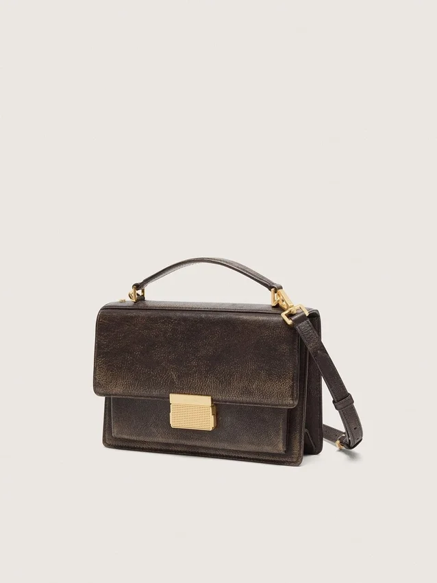 Venezia-Tasche aus vintage-braunem, geprägtem Leder mit goldenen Details