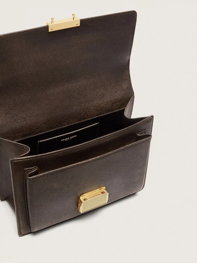 Venezia-Tasche aus vintage-braunem, geprägtem Leder mit goldenen Details
