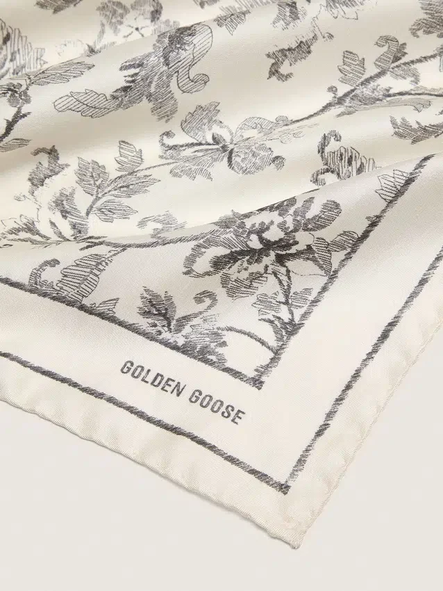 Vintage-Seidenschal in Weiß mit schwarzem Blumenmuster