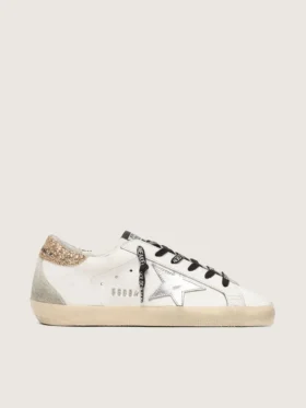 Weiße Super-Star-Damenschuhe aus Leder mit glitzernder Fersenlasche