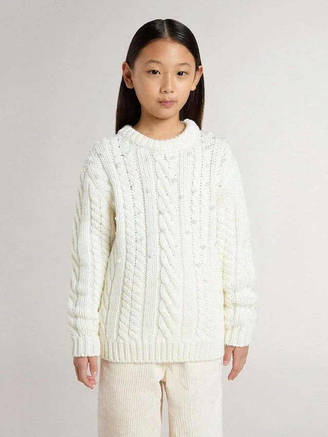 Weißer Wollpullover für Mädchen mit Perlen