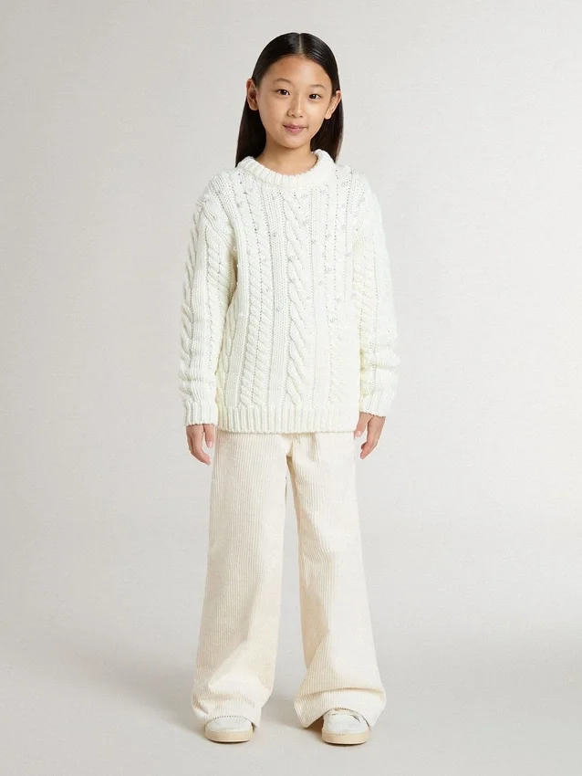 Weißer Wollpullover für Mädchen mit Perlen