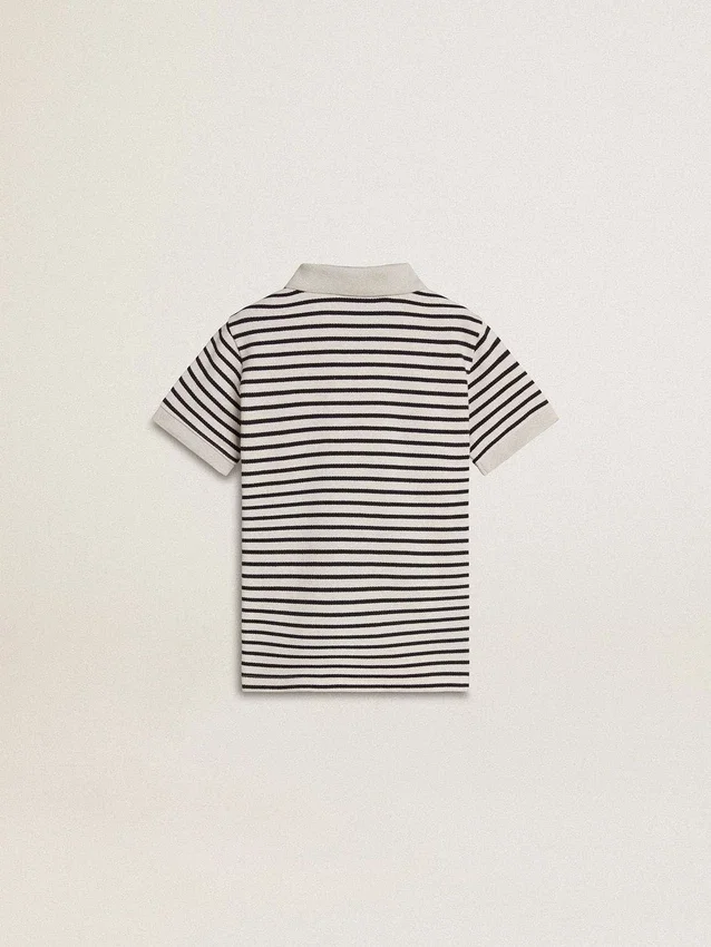Weißes Baumwoll-Polohemd für Jungen mit marineblauen Streifen und Stickerei