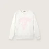 Weißes Baumwoll-Sweatshirt mit Rundhalsausschnitt für Mädchen von Journey mit Maskottchen-Print und Kristallapplikationen