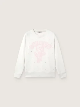 Weißes Baumwoll-Sweatshirt mit Rundhalsausschnitt für Mädchen von Journey mit Maskottchen-Print und Kristallapplikationen