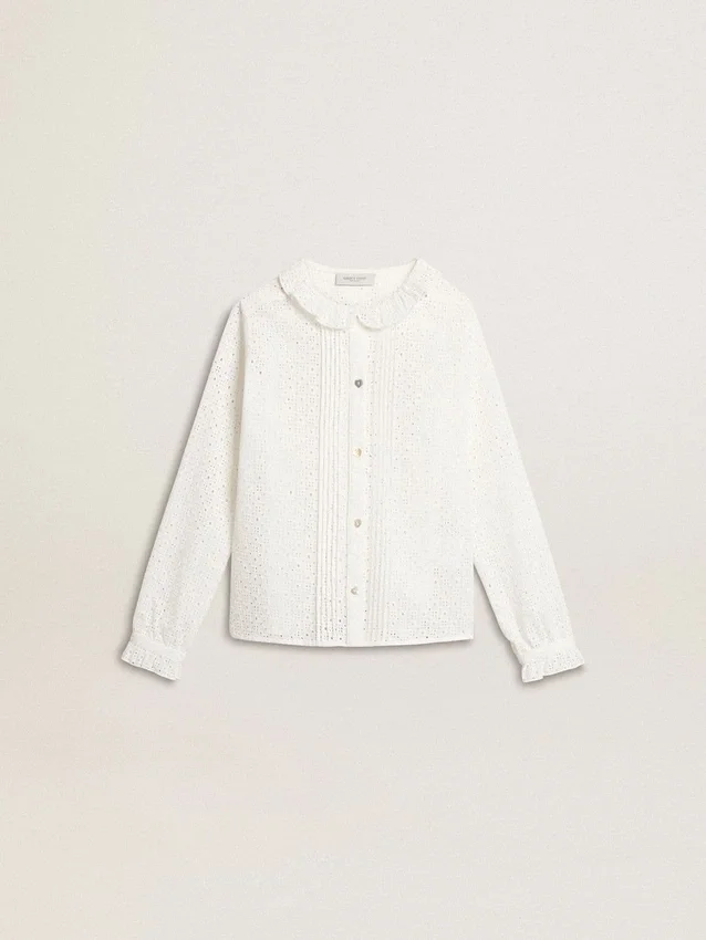 Weißes Baumwollhemd für Mädchen mit Broderie Anglaise