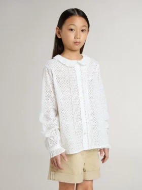 Weißes Baumwollhemd für Mädchen mit Broderie Anglaise