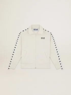 Weißes Damen-Sweatshirt mit Reißverschluss, weißem Streifen und schwarzen Sternen