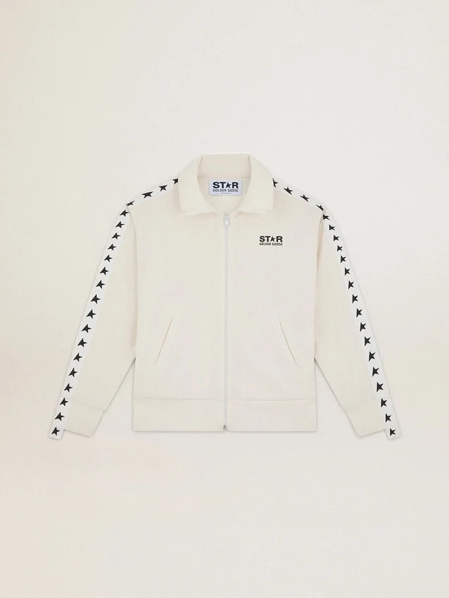 Weißes Damen-Sweatshirt mit Reißverschluss, weißem Streifen und schwarzen Sternen