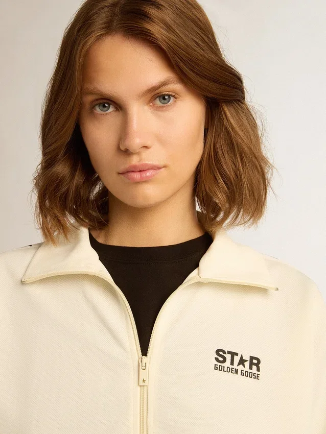 Weißes Damen-Sweatshirt mit Reißverschluss, weißem Streifen und schwarzen Sternen