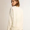 Weißes Damen-Sweatshirt mit Reißverschluss, weißem Streifen und schwarzen Sternen