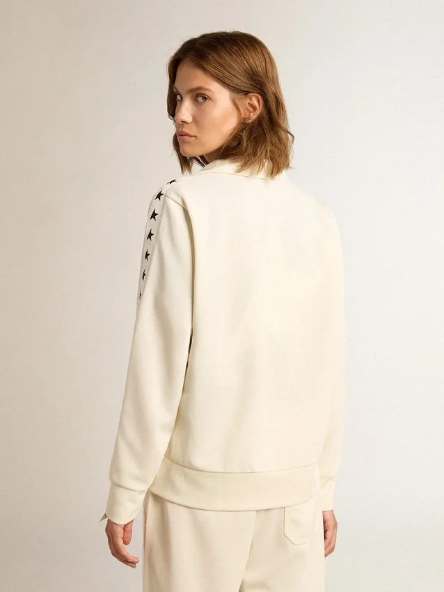 Weißes Damen-Sweatshirt mit Reißverschluss, weißem Streifen und schwarzen Sternen