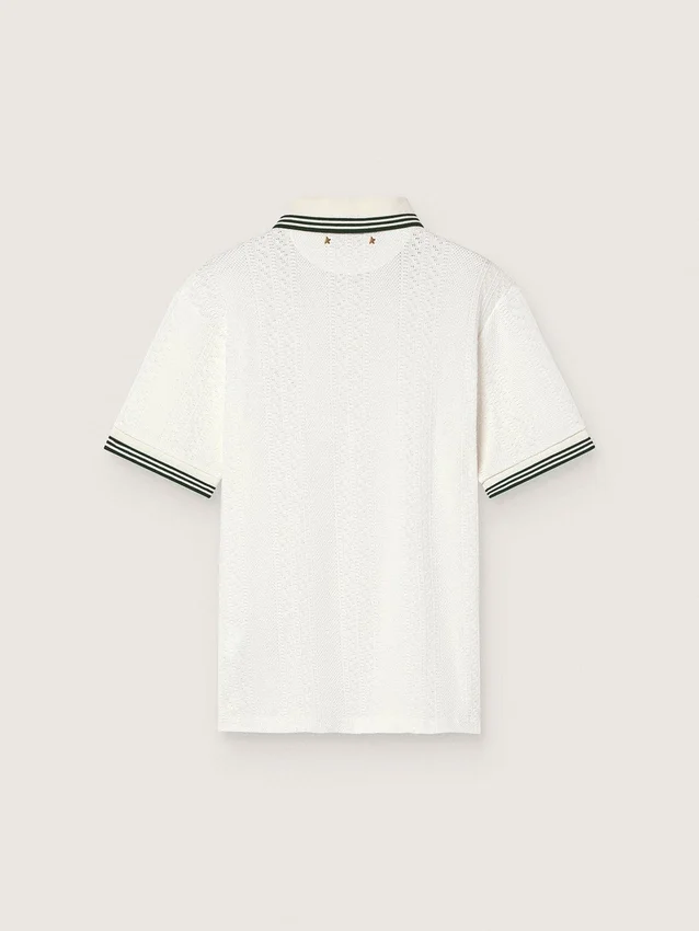 Weißes Herren-Polohemd aus Baumwolle mit durchbrochenem Jacquard-Muster