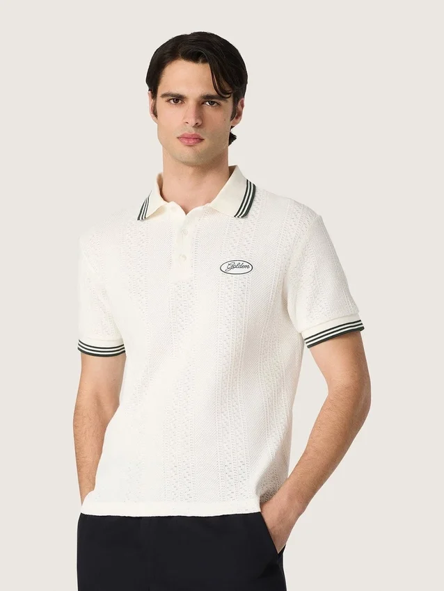 Weißes Herren-Polohemd aus Baumwolle mit durchbrochenem Jacquard-Muster