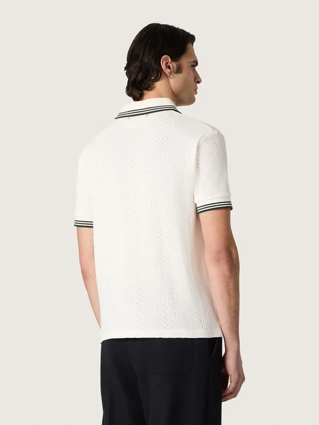 Weißes Herren-Polohemd aus Baumwolle mit durchbrochenem Jacquard-Muster