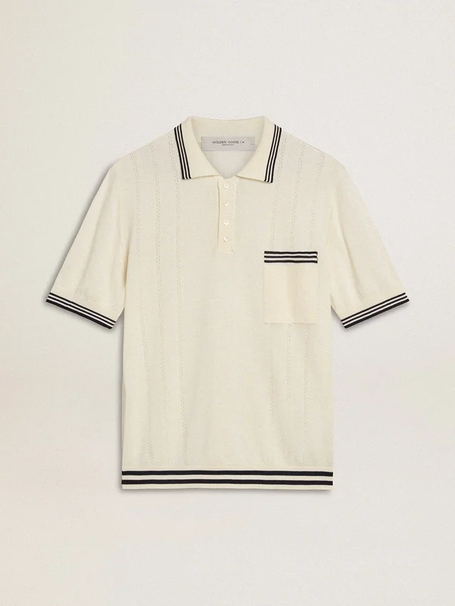 Weißes, im Used-Look gehaltenes Strick-Poloshirt für Herren mit blauen Rippbündchen