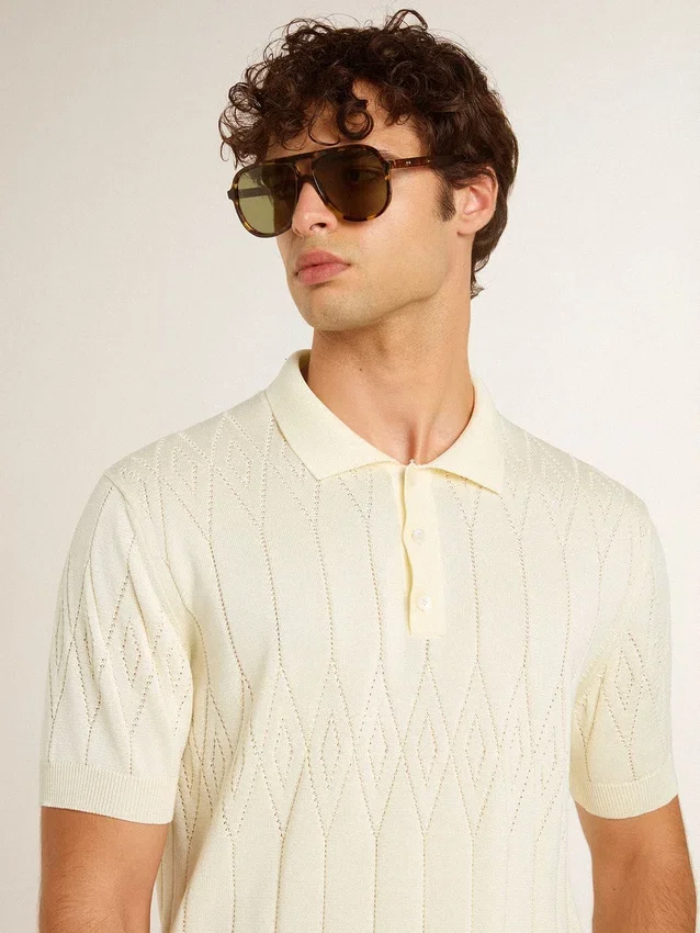 Weißes Jacquard-Strick-Hemd für Herren
