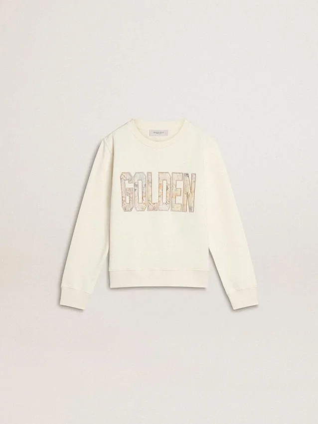 Weißes Mädchen-Sweatshirt mit mehrfarbigem goldenem Schriftzug auf der Vorderseite