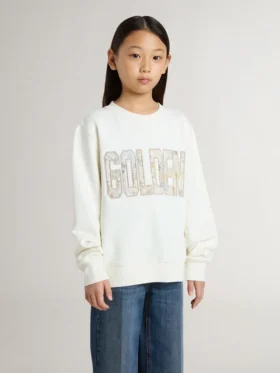 Weißes Mädchen-Sweatshirt mit mehrfarbigem goldenem Schriftzug auf der Vorderseite