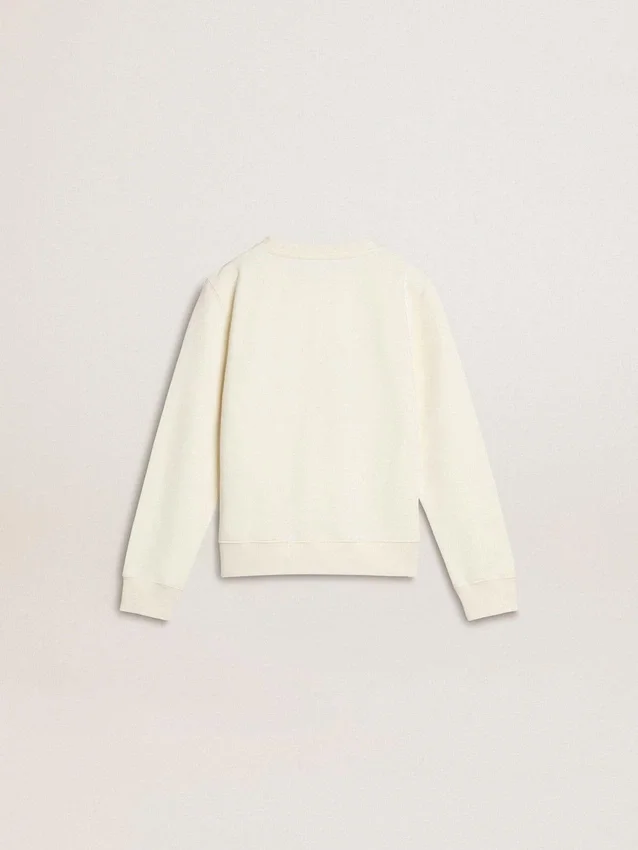 Weißes Mädchen-Sweatshirt mit mehrfarbigem goldenem Schriftzug auf der Vorderseite