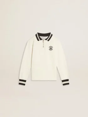 Weißes Polo-Sweatshirt für Kinder aus Baumwolle mit Stickerei auf der Brust und Aufdruck auf der Rückseite
