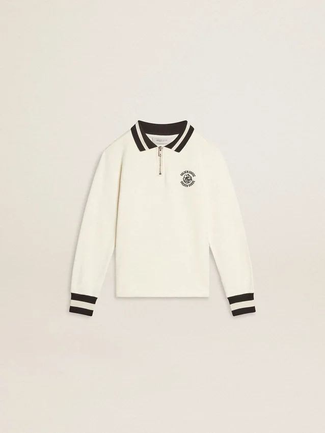 Weißes Polo-Sweatshirt für Kinder aus Baumwolle mit Stickerei auf der Brust und Aufdruck auf der Rückseite