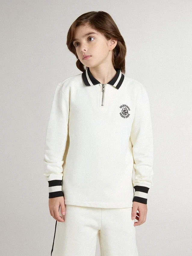 Weißes Polo-Sweatshirt für Kinder aus Baumwolle mit Stickerei auf der Brust und Aufdruck auf der Rückseite