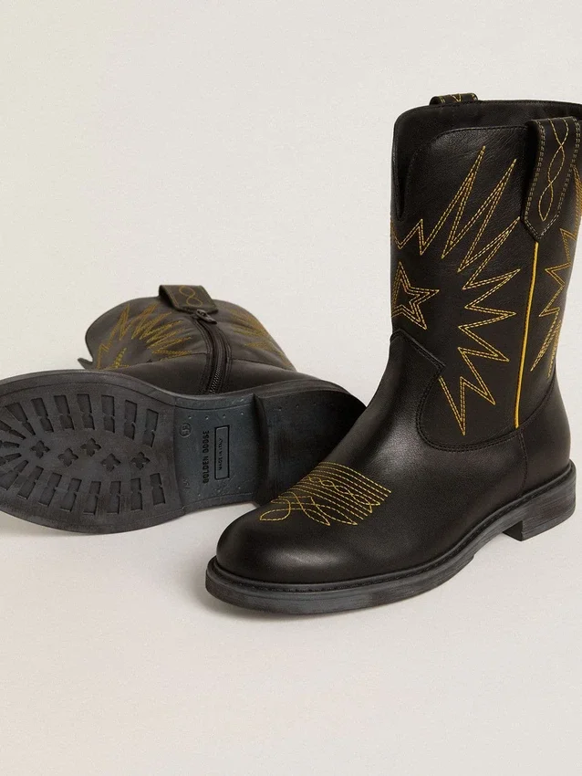 Wish Junior-Stiefel aus schwarzem Leder mit gelber Sternstickerei