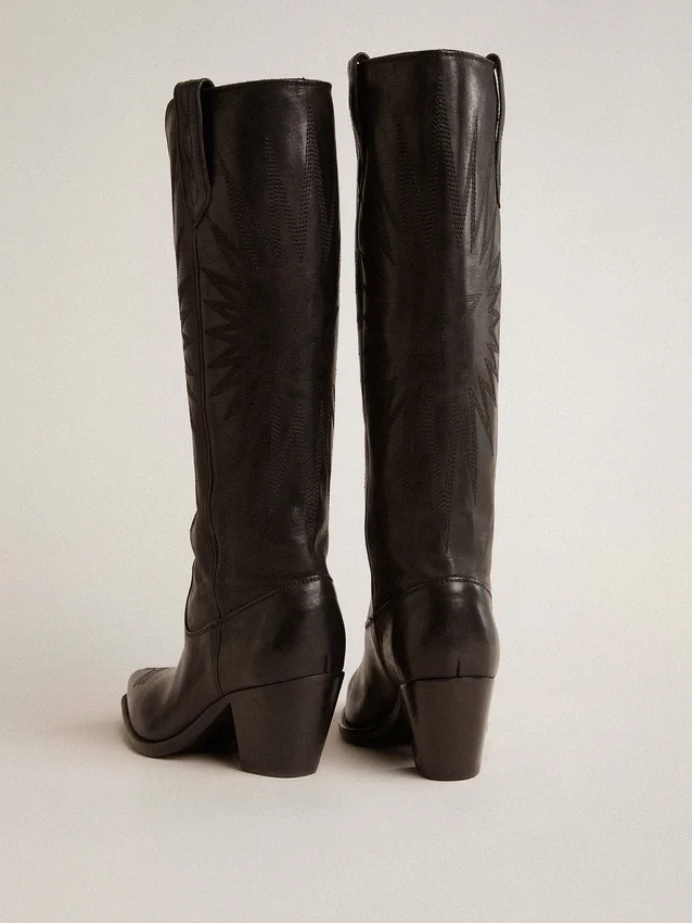 Wish Star Damenstiefel aus schwarzem Leder mit Sternstickerei