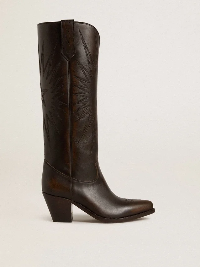 „Wish Star“-Stiefel aus dunkelbraunem Leder mit ton-in-ton gesticktem Stern