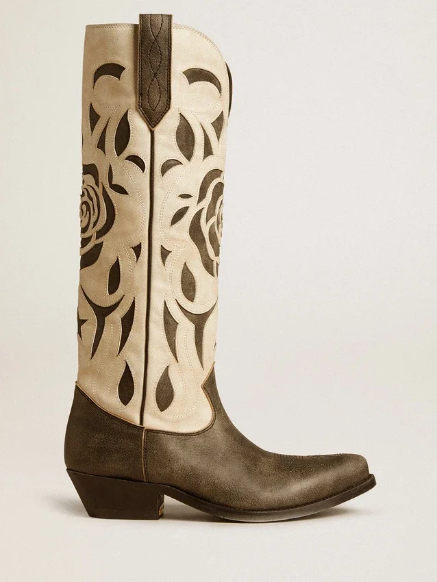 „Wish Star“-Stiefel aus schwarzem und weißem Leder mit eingearbeiteter Rose und Stern